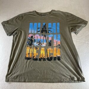 Miami South Beach Graphic T-Shirt XL Sunset Palm Trees Olive Green